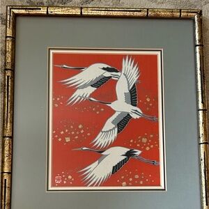 Vintage Japanese Crane Wall Art Framed Red Gold Bamboo Frame MCM Vintage Decor